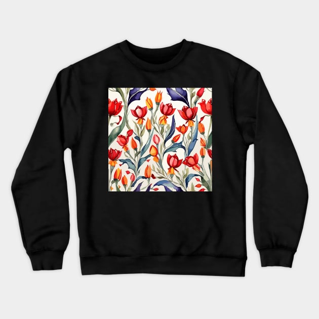 Red Orange Turkish Tulips Ottoman Pattern Crewneck Sweatshirt by Siha Arts